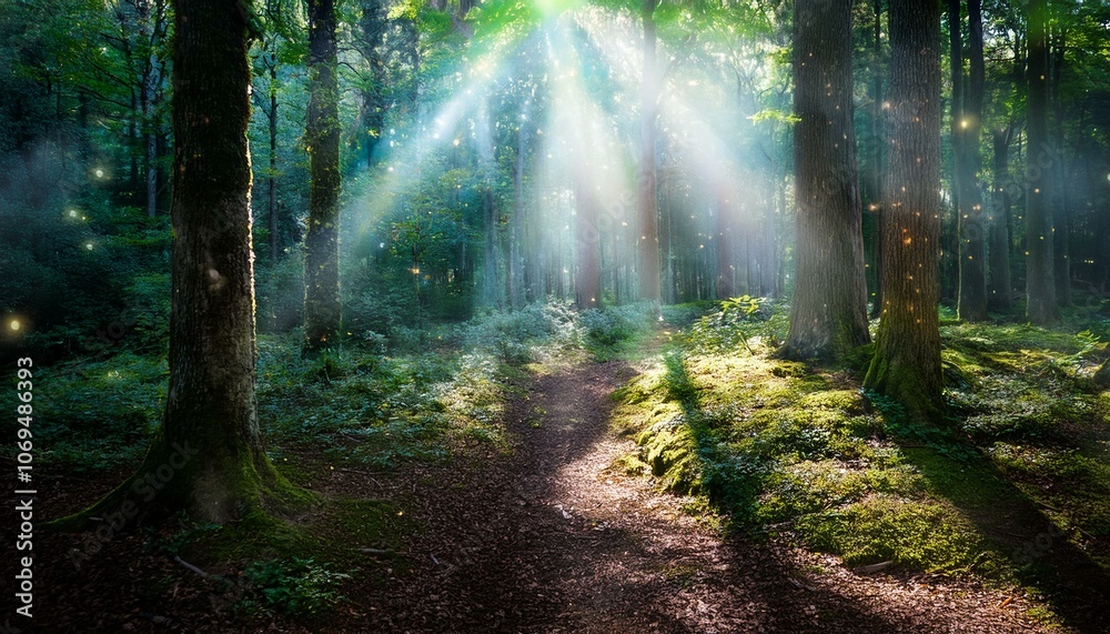 Obraz premium Sunbeams pierce a misty forest