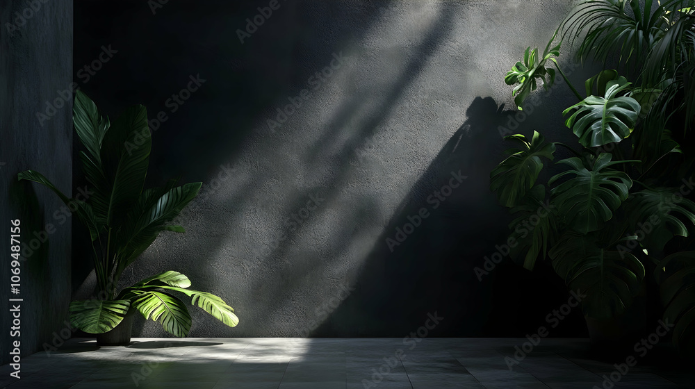 Wall mockup with plants in dark room setting Wall mockup with plants in dark room setting