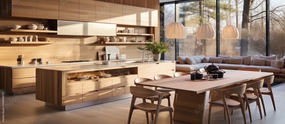 Modern kitchen with large windows, wooden cabinets and dining table. Modern kitchen with large windows, wooden cabinets and dining table.