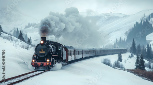 Vintage steam train traveling through snowy mountain landscape