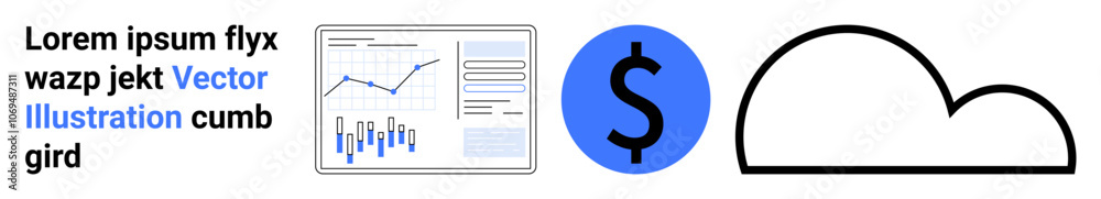 Bar and line charts, blue dollar symbol, black cloud icon. Ideal for data analysis, financial reports, cloud storage, business presentations, economic planning, budgeting, forecasting. Landing page Bar and line charts, blue dollar symbol, black cloud icon. Ideal for data analysis, financial reports, cloud storage, business presentations, economic planning, budgeting, forecasting. Landing page