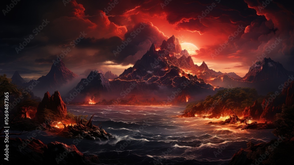 A fiery sunset illuminates a mountainous landscape with a fiery sky and a dark, stormy sea.