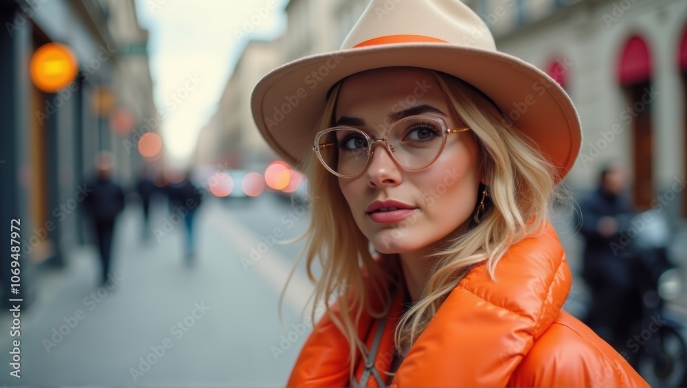 A person with an obscured face wearing a yellow jacket, red cap, and goggles stands in front of a blurred city background. Generative, AI, A person with an obscured face wearing a yellow jacket, red cap, and goggles stands in front of a blurred city background. Generative, AI,