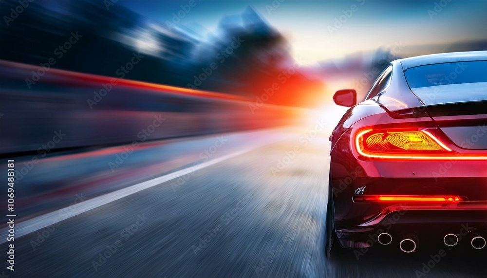 Red sports car speeding on road Red sports car speeding on road