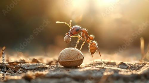 Ant lifting a tiny seed, macro shot showing strength and form, soft background photo