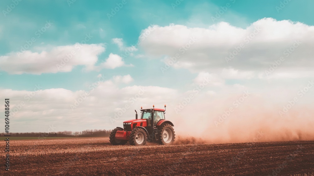 Obraz premium Red Tractor Working in a Field
