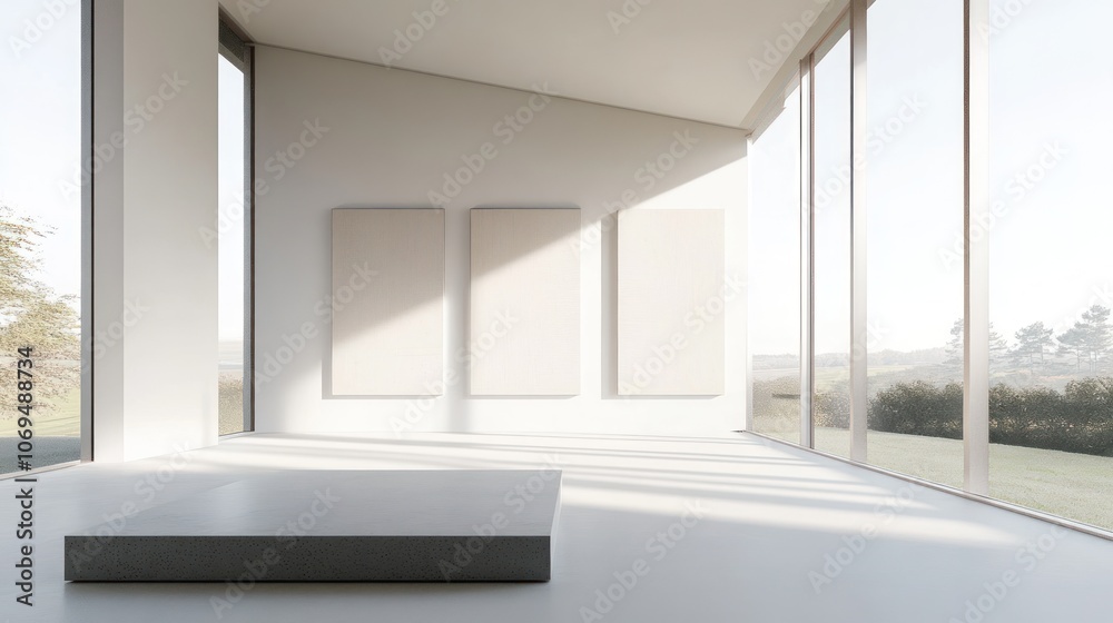 Obraz premium Modern Interior Design with Spacious Room, Windows and Minimalist Decor