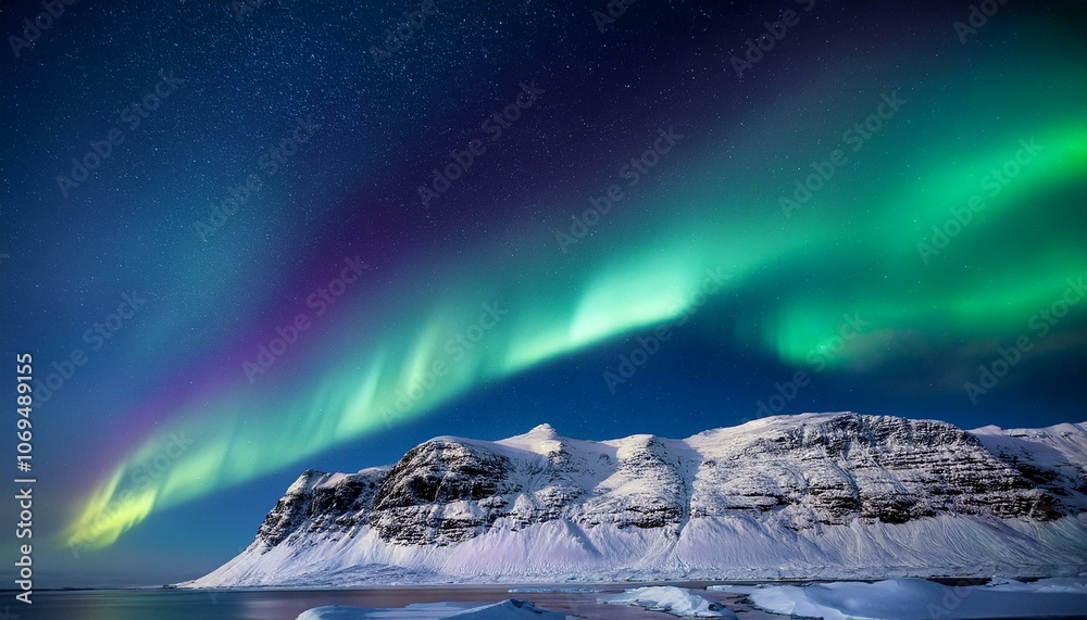 Naklejka premium Aurora Borealis over snowy mountains