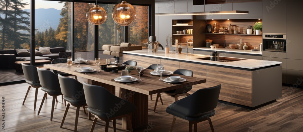 Modern kitchen with dining table and chairs set in front of large windows with an autumnal view. Modern kitchen with dining table and chairs set in front of large windows with an autumnal view.