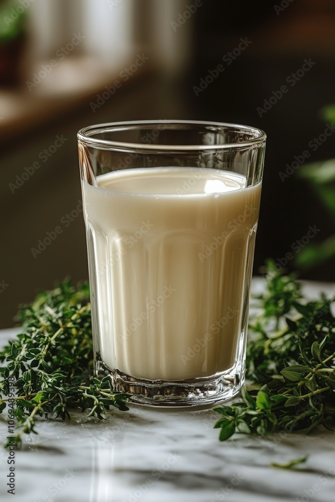 Freshly poured glass of milk surrounded by green herbs on a kitchen counter Freshly poured glass of milk surrounded by green herbs on a kitchen counter