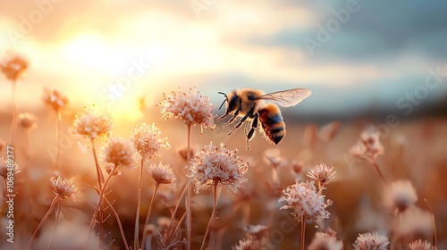 Bumblebee with pollencovered legs, macro highlighting fuzz, soft tones photo