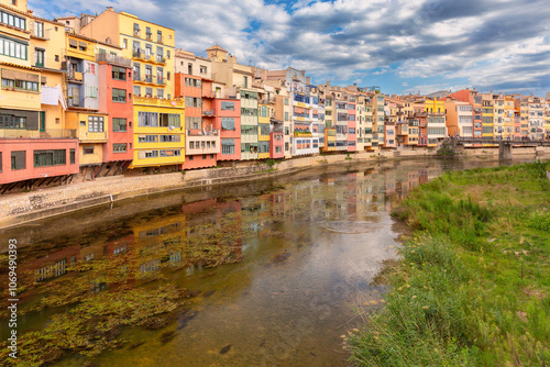 Girona Cathedral and Riverside View Along Onyar River, Girona, Spain photo