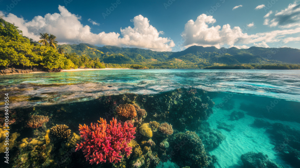 A vibrant coral reef teeming with marine life, clear blue water, and distant islands creating a breathtaking and tranquil seascape. A vibrant coral reef teeming with marine life, clear blue water, and distant islands creating a breathtaking and tranquil seascape.