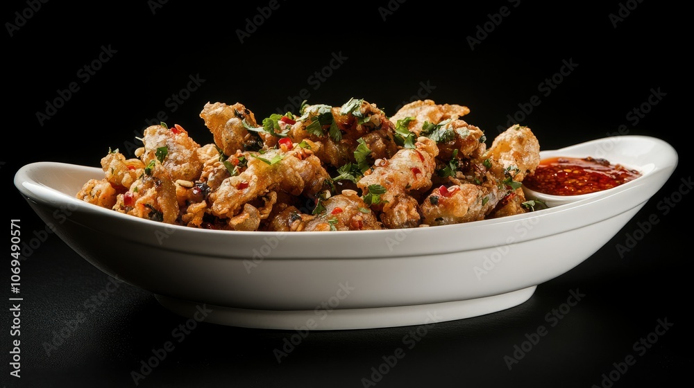 Crispy Fried Snack with Spicy Dip on Dark Background