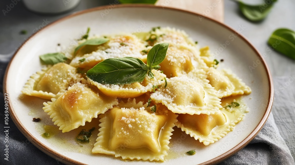 Delicious homemade ravioli served with basil and parmesan cheese on a rustic table. Delicious homemade ravioli served with basil and parmesan cheese on a rustic table.