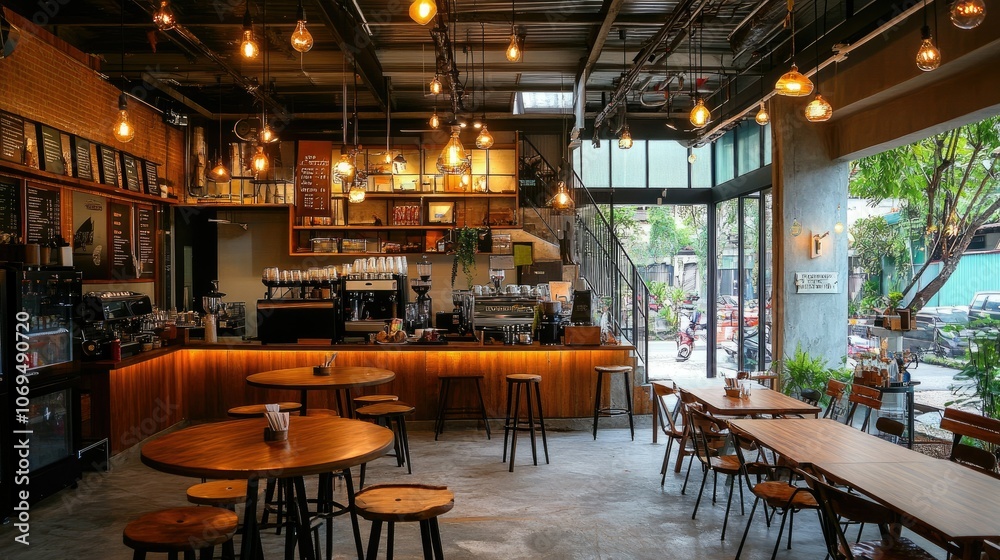 Cozy Café Interior with Warm Lighting and Design Elements Cozy Café Interior with Warm Lighting and Design Elements