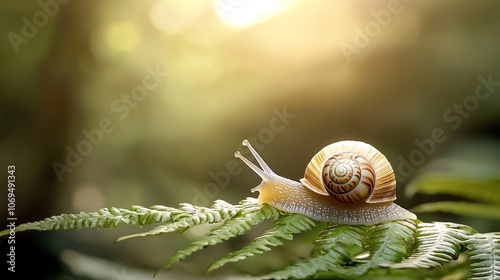 Snail exploring a fern frond, shell details highlighted, macro photography with soft, natural background photo