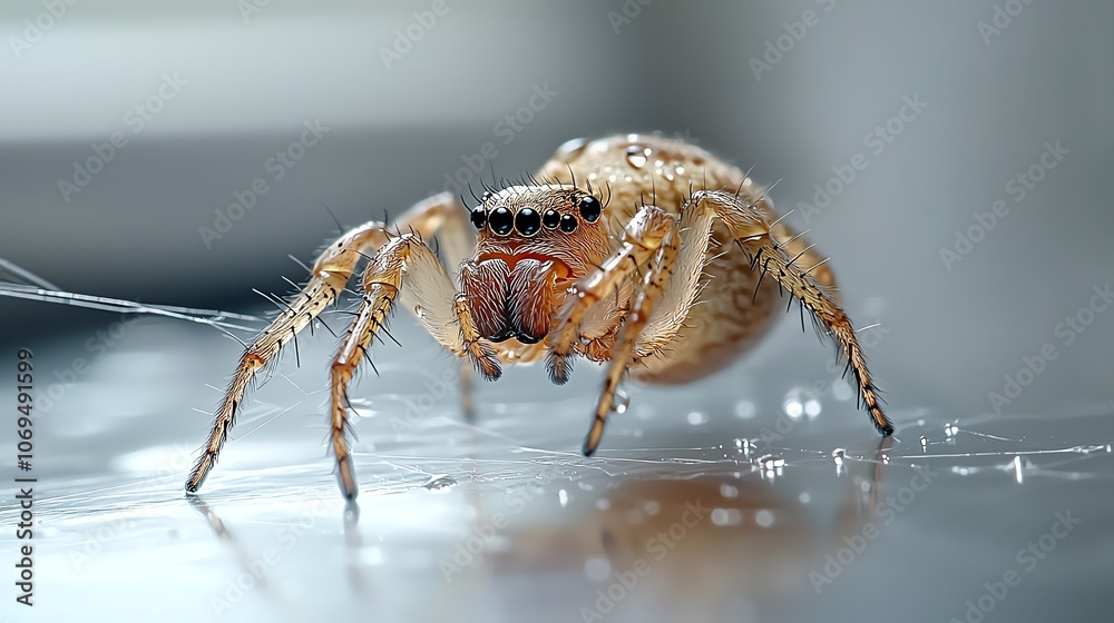 Spider with dewbeaded web in soft morning light, intricate design highlighted Spider with dewbeaded web in soft morning light, intricate design highlighted