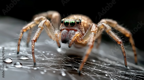 Spider s legs grasping a dewy web, intricate silk lines, macro shot with soft background