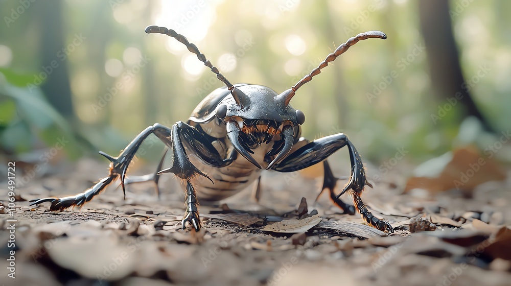 Fototapeta premium Stag beetle on forest floor, closeup showing sharp mandibles, soft focus surrounding