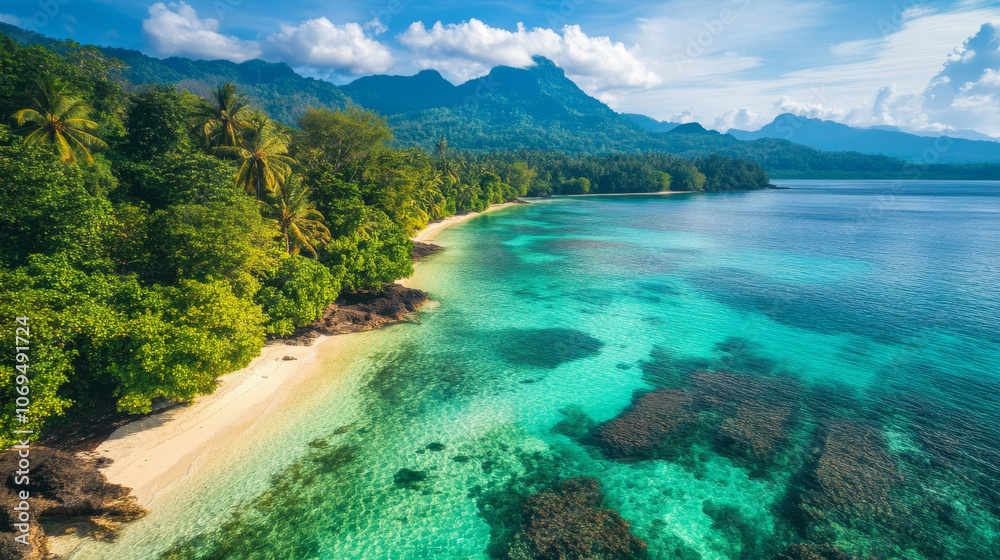 Aerial view of a remote tropical island, where clear, shallow water reveals vibrant coral reefs, fine white sand beaches, and a lush green jungle reaching the shoreline.