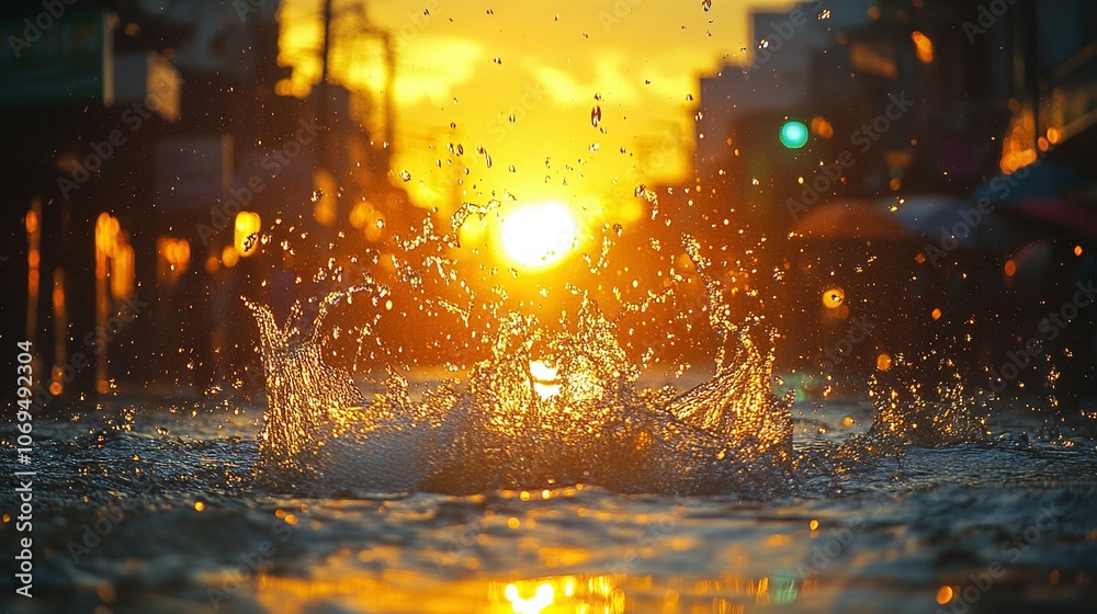 Naklejka premium Water Splashing in the City at Sunset