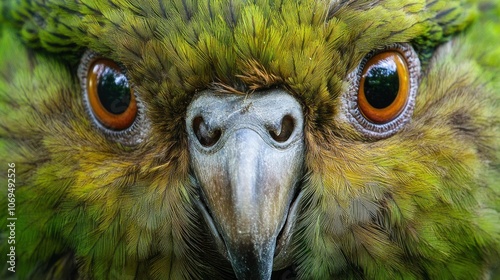 Close-up portrait of a Kea, a large, green parrot native to New Zealand. Its distinctive orange eyes stare directly at the camera.