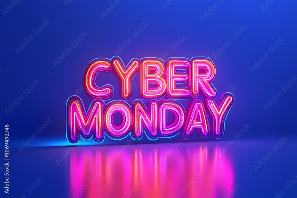 Pink and orange cyber monday neon sign reflecting on a blue background Pink and orange cyber monday neon sign reflecting on a blue background