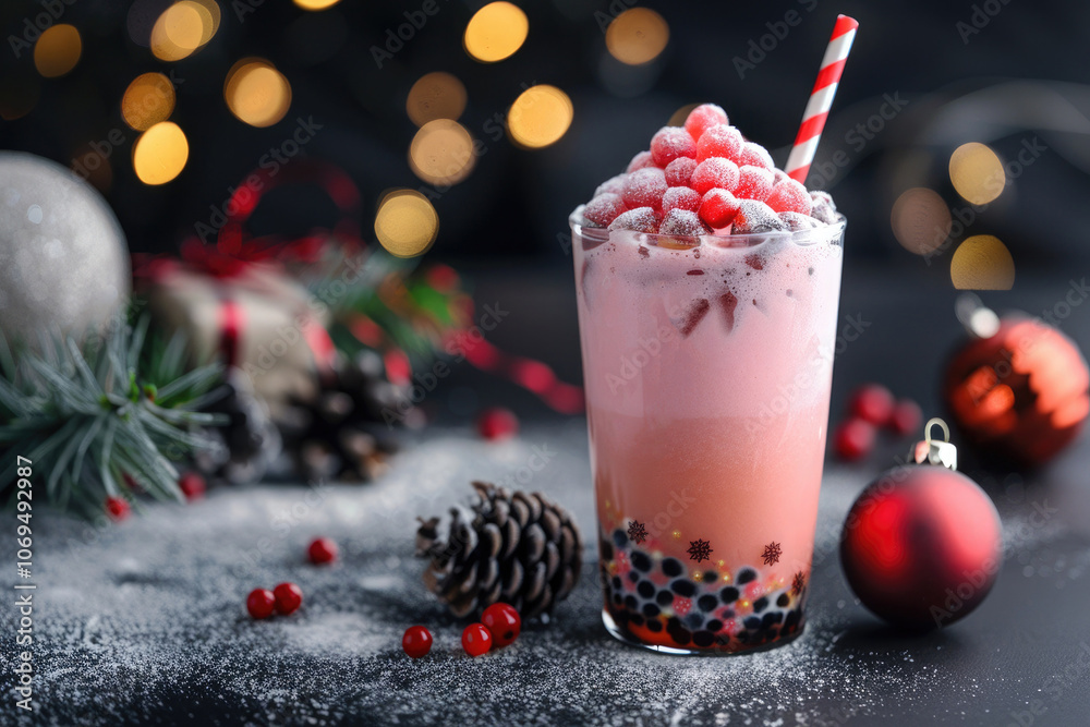 Festive pink bubble tea with berries and a striped straw, surrounded by holiday decor and pinecones Festive pink bubble tea with berries and a striped straw, surrounded by holiday decor and pinecones