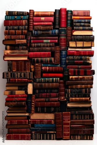 A collection of vintage books stacked neatly on a white isolated background. photo