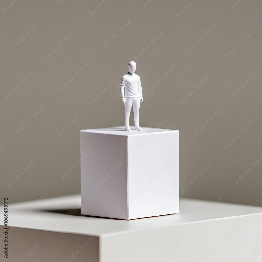 A minimalist white figurine stands atop a simple white cube. A minimalist white figurine stands atop a simple white cube.
