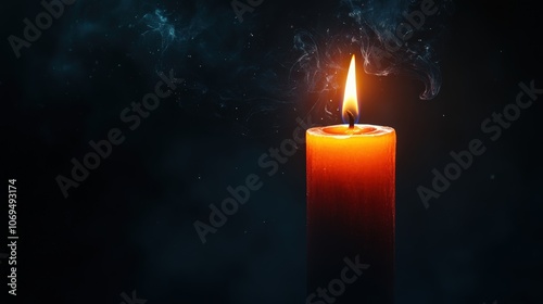 A glowing orange candle burning in the dark with soft smoke swirling above.