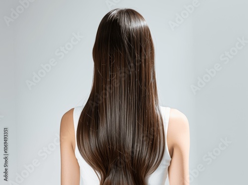 Young Japanese Woman with Long Shiny Hair from Behind