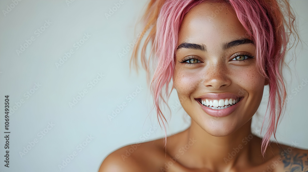 Smiling Woman with Pink Hair Portrait Photo Smiling Woman with Pink Hair Portrait Photo