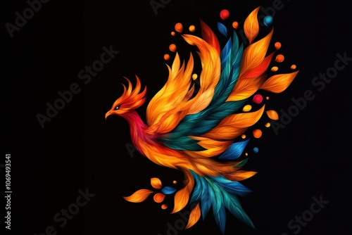 A vibrant phoenix with colorful feathers on a black background.