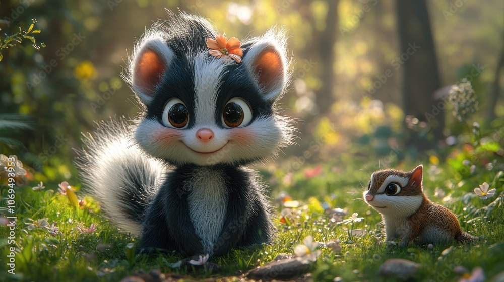 Fototapeta premium A cute cartoon skunk with a flower in its hair sits in a field of wildflowers, looking at the camera with a friendly smile. A small squirrel peeks out from behind the skunk.