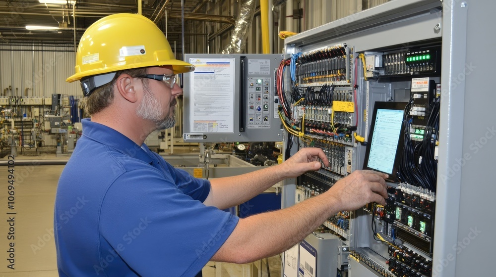 Technician Working on Industrial Control Panel Technician Working on Industrial Control Panel