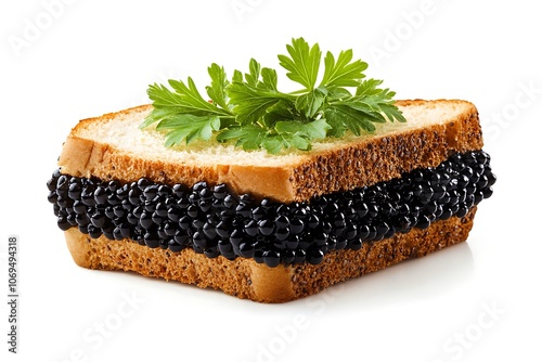 Close-up of a sandwich with black caviar and parsley, embodying luxury and gourmet cuisine photo