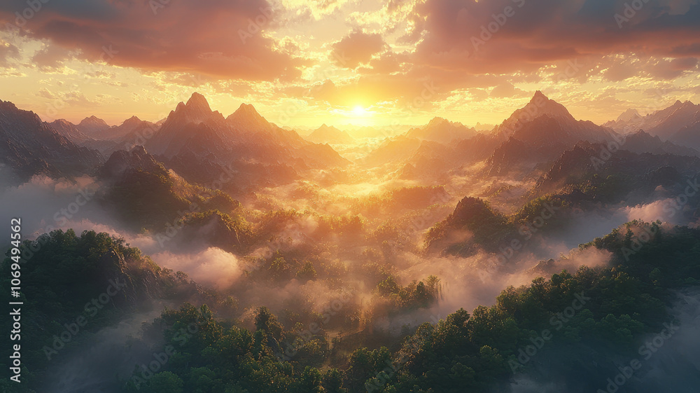 Majestic mountain landscape at dawn with misty valleys and ethereal light Majestic mountain landscape at dawn with misty valleys and ethereal light