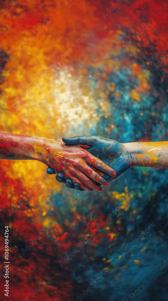 Close-up of hands greeting with colorful paint symbolizing unity, equality, and brotherhood, against an abstract background of blue, red, and yellow oil paint