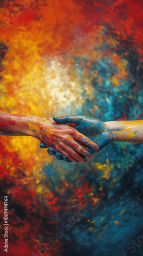 Obraz na płótnie Close-up of hands greeting with colorful paint symbolizing unity, equality, and brotherhood, against an abstract background of blue, red, and yellow oil paint w salonie