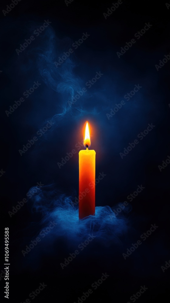 Fototapeta premium Candle flame glowing in dark with smoky background, creating a serene atmosphere.