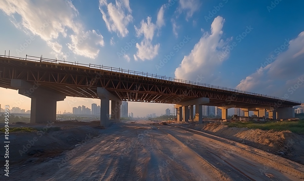 A scenic view of an under-construction bridge, surrounded by a clear sky and earthwork, showcasing modern infrastructure development. A scenic view of an under-construction bridge, surrounded by a clear sky and earthwork, showcasing modern infrastructure development.