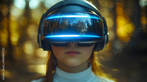 Young Woman Wearing VR Headset in Forest - Realistic Image