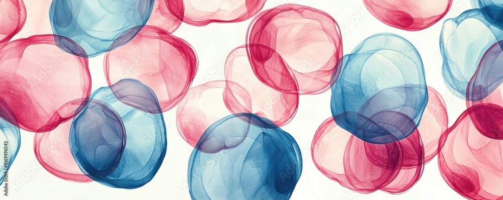An abstract pattern of translucent bubbles in shades of blue and red An abstract pattern of translucent bubbles in shades of blue and red