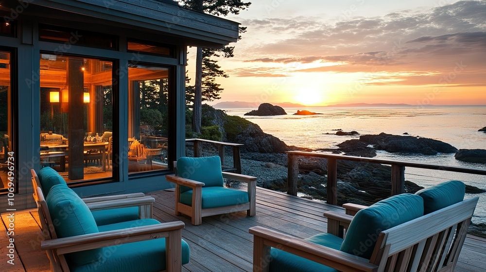 Fototapeta premium Scenic Sunset from Stylish Oceanfront Deck