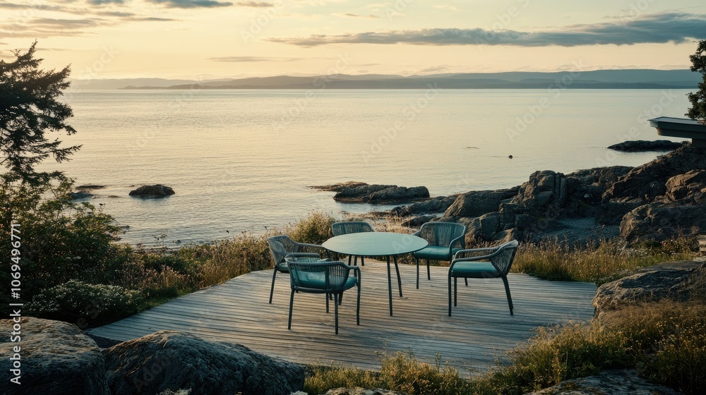 Fototapeta premium Serene Coastal Deck with Ocean View at Sunset