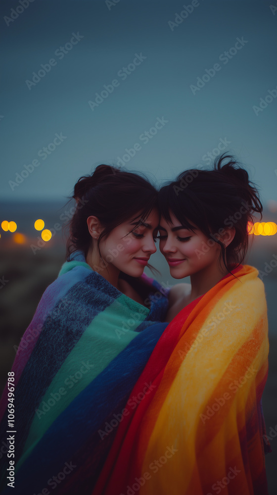 LGBT lesbian couple in love together covered by a vibrant blanket, enjoying an outdoor lifestyle on a magical night with warm lights in the background