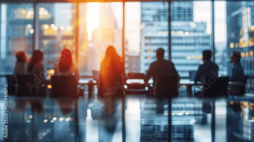 Blurred Business Team Meeting in Conference Room with Office Building Background