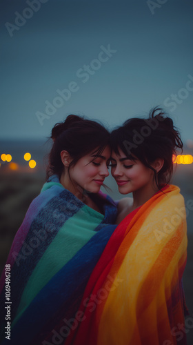 Obraz na płótnie LGBT lesbian couple in love together covered by a vibrant blanket, enjoying an outdoor lifestyle on a magical night with warm lights in the background w salonie